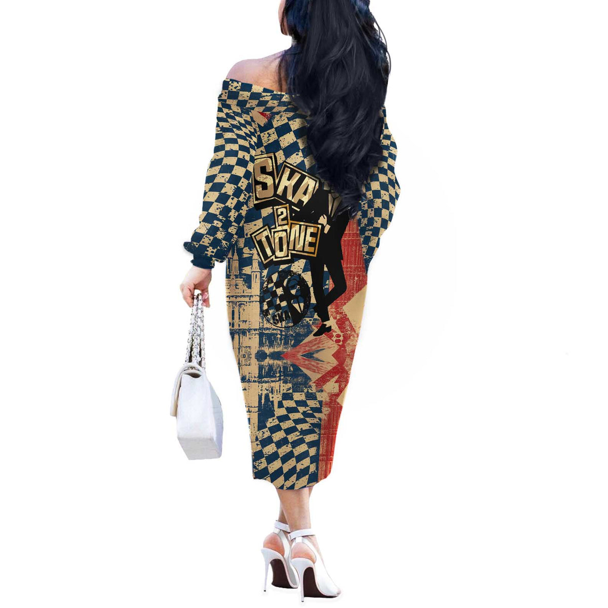 Ska 2 Tone Off The Shoulder Long Sleeve Dress Big Ben Dance Two Tone Blue Checkerboard - Wonder Print Shop