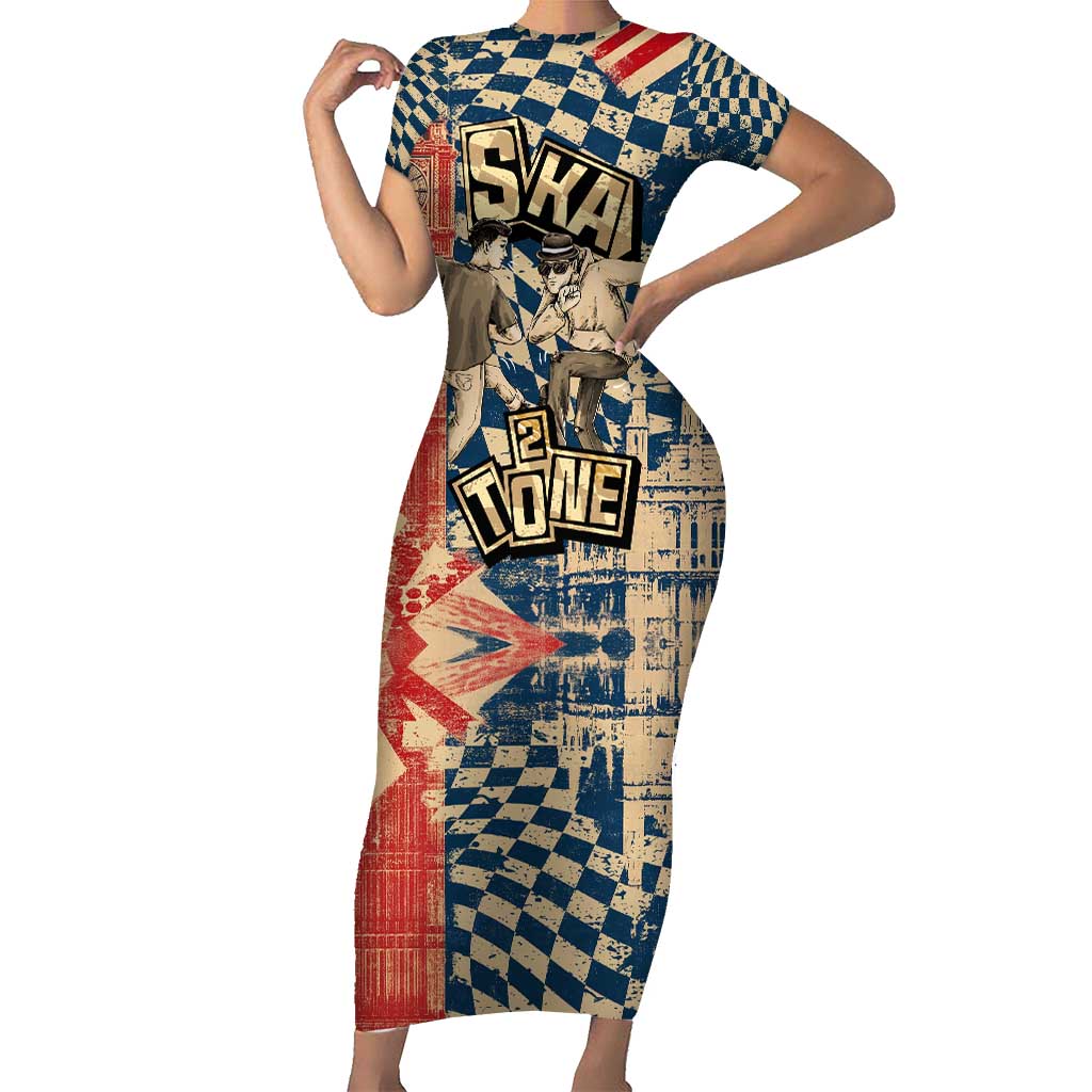 Ska 2 Tone Short Sleeve Bodycon Dress Big Ben Dance Two Tone Blue Checkerboard - Wonder Print Shop