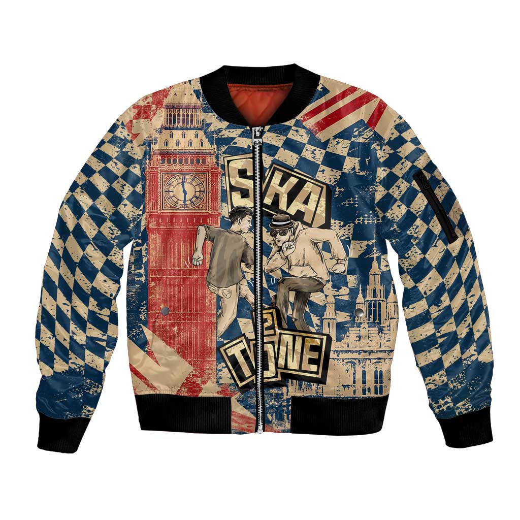 Ska 2 Tone Sleeve Zip Bomber Jacket Big Ben Dance Two Tone Blue Checkerboard - Wonder Print Shop