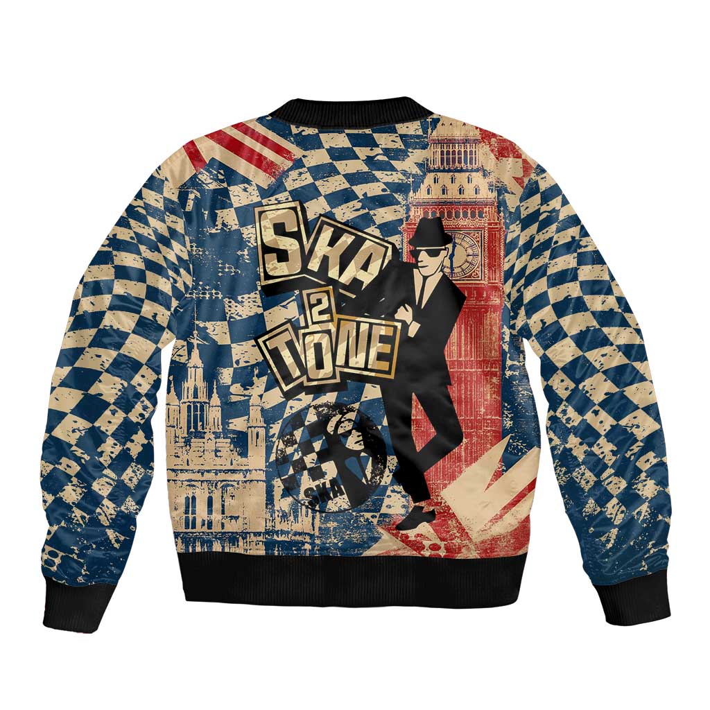 Ska 2 Tone Sleeve Zip Bomber Jacket Big Ben Dance Two Tone Blue Checkerboard - Wonder Print Shop