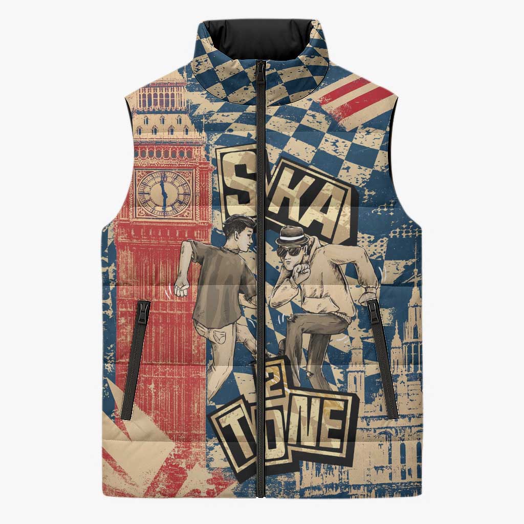 Ska 2 Tone Sleeveless Puffer Jacket Big Ben Dance Two Tone Blue Checkerboard - Wonder Print Shop