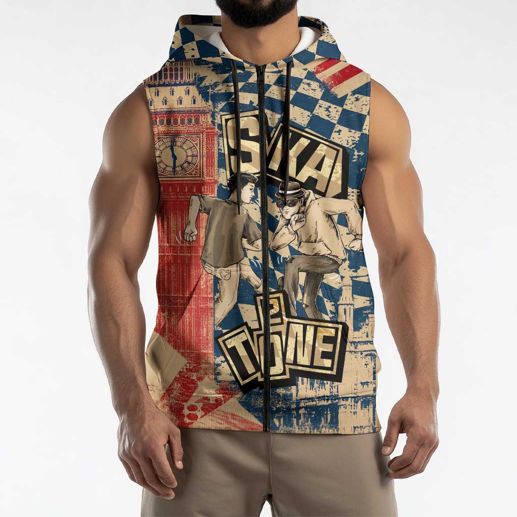 Ska 2 Tone Sleeveless Zip Hoodie Big Ben Dance Two Tone Blue Checkerboard - Wonder Print Shop