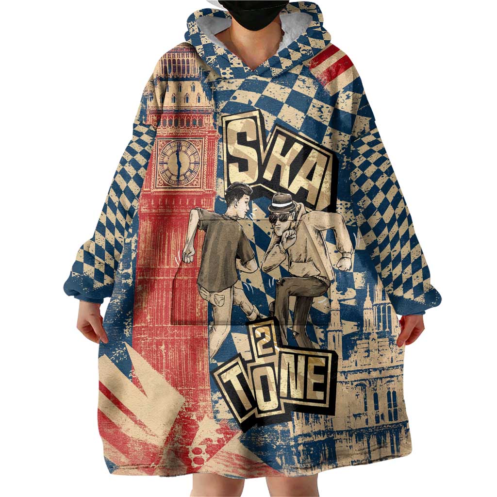 Ska 2 Tone Wearable Blanket Hoodie Big Ben Dance Two Tone Blue Checkerboard - Wonder Print Shop