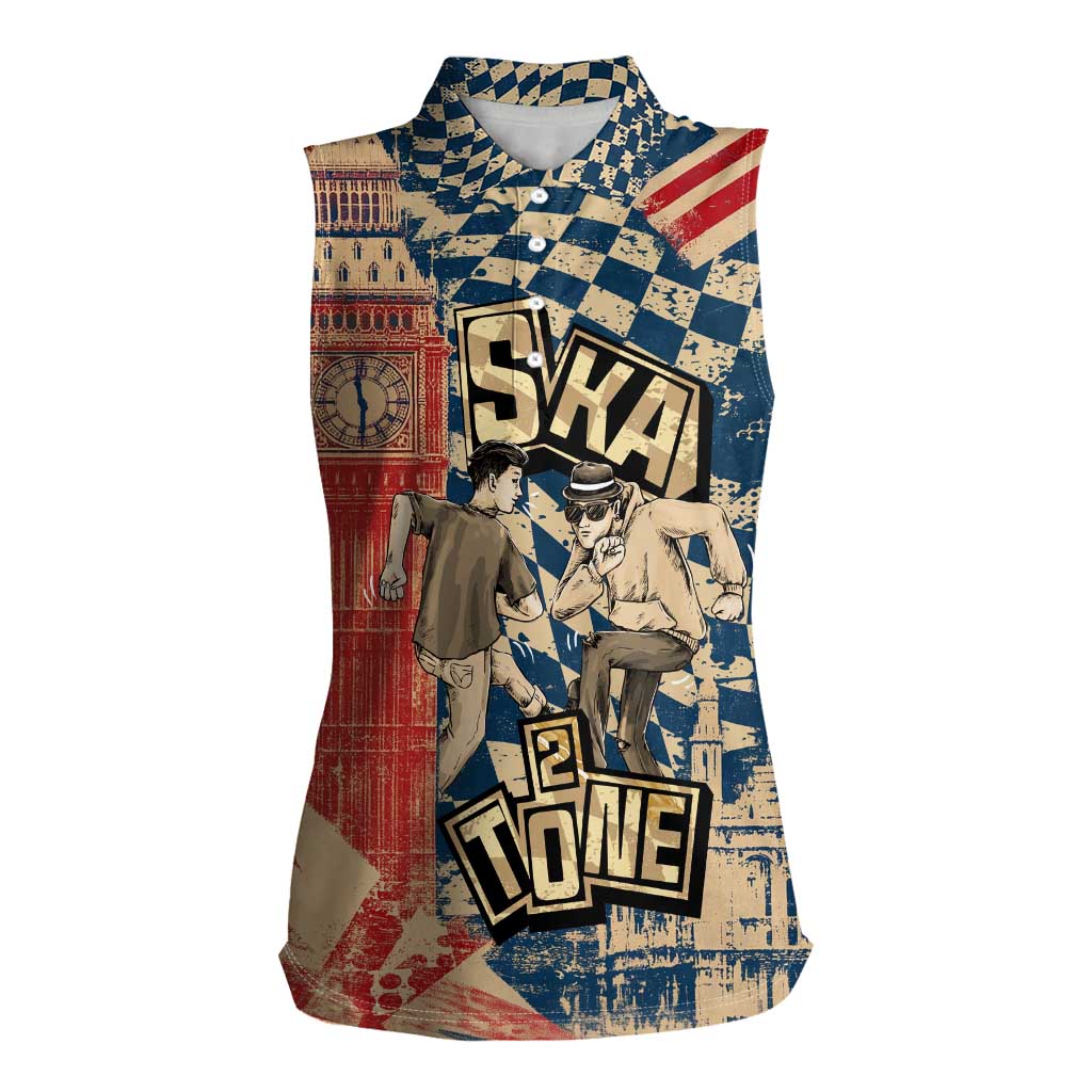 Ska 2 Tone Women Sleeveless Polo Shirt Big Ben Dance Two Tone Blue Checkerboard - Wonder Print Shop