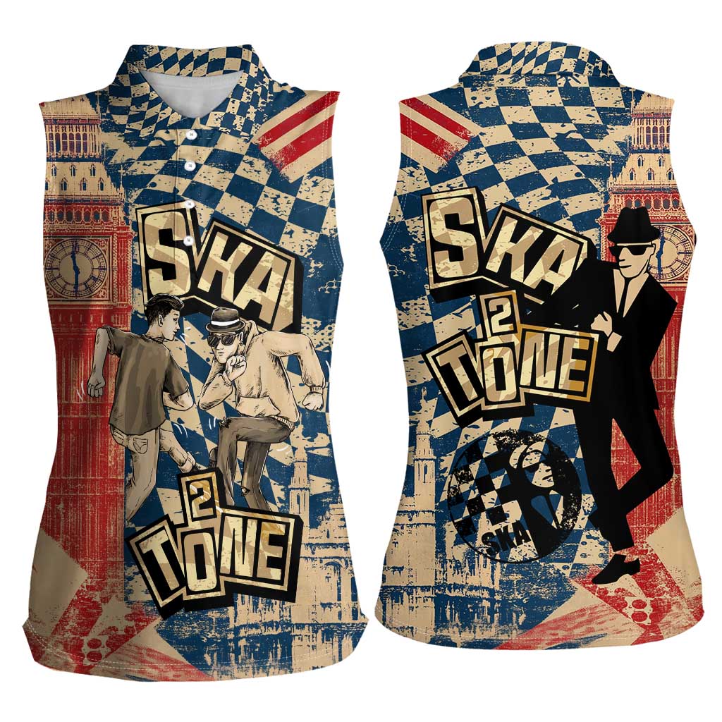 Ska 2 Tone Women Sleeveless Polo Shirt Big Ben Dance Two Tone Blue Checkerboard - Wonder Print Shop