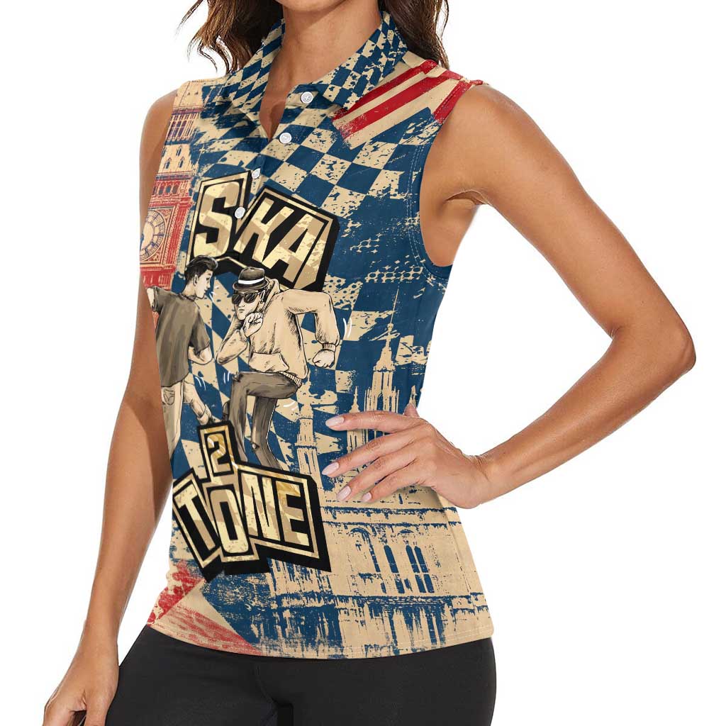 Ska 2 Tone Women Sleeveless Polo Shirt Big Ben Dance Two Tone Blue Checkerboard - Wonder Print Shop