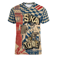 Ska 2 Tone Women V-Neck T-Shirt Big Ben Dance Two Tone Blue Checkerboard - Wonder Print Shop