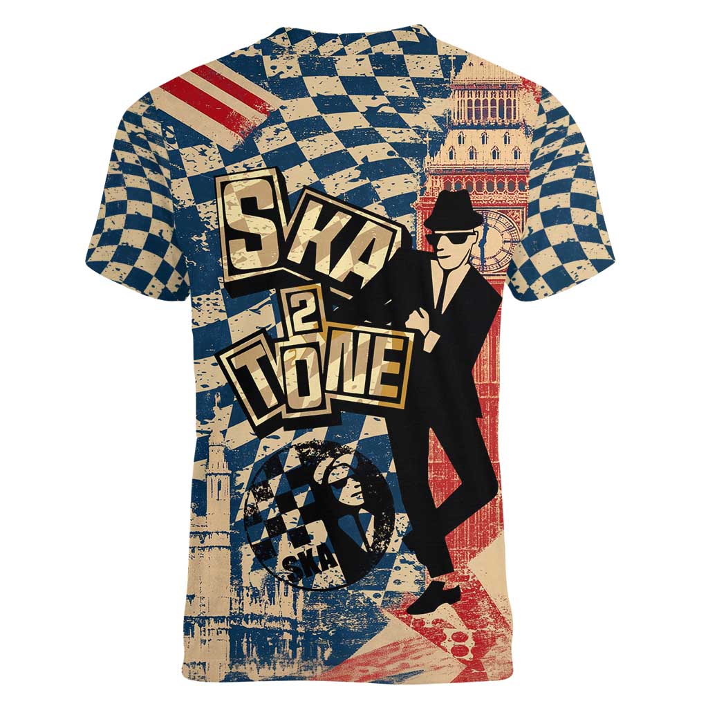 Ska 2 Tone Women V-Neck T-Shirt Big Ben Dance Two Tone Blue Checkerboard - Wonder Print Shop