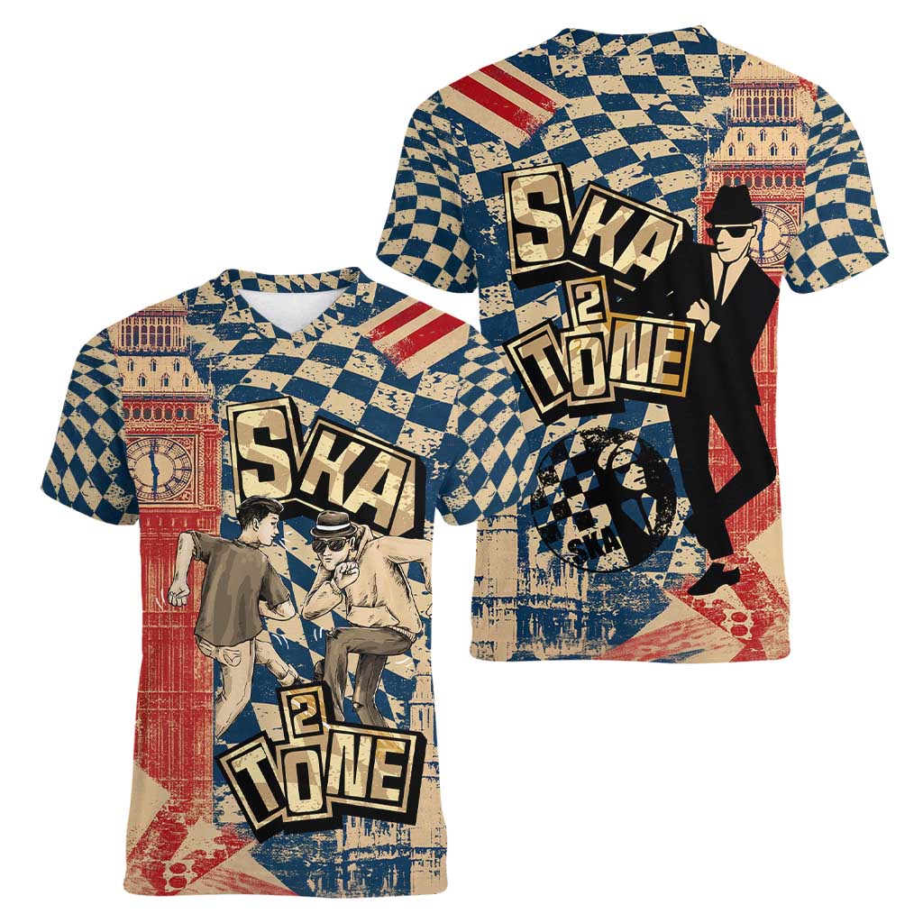 Ska 2 Tone Women V-Neck T-Shirt Big Ben Dance Two Tone Blue Checkerboard - Wonder Print Shop