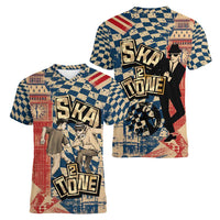 Ska 2 Tone Women V-Neck T-Shirt Big Ben Dance Two Tone Blue Checkerboard - Wonder Print Shop