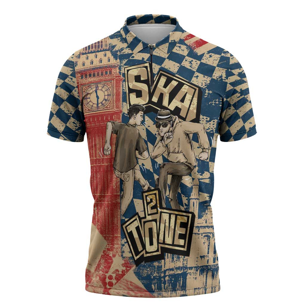 Ska 2 Tone Zipper Polo Shirt Big Ben Dance Two Tone Blue Checkerboard - Wonder Print Shop