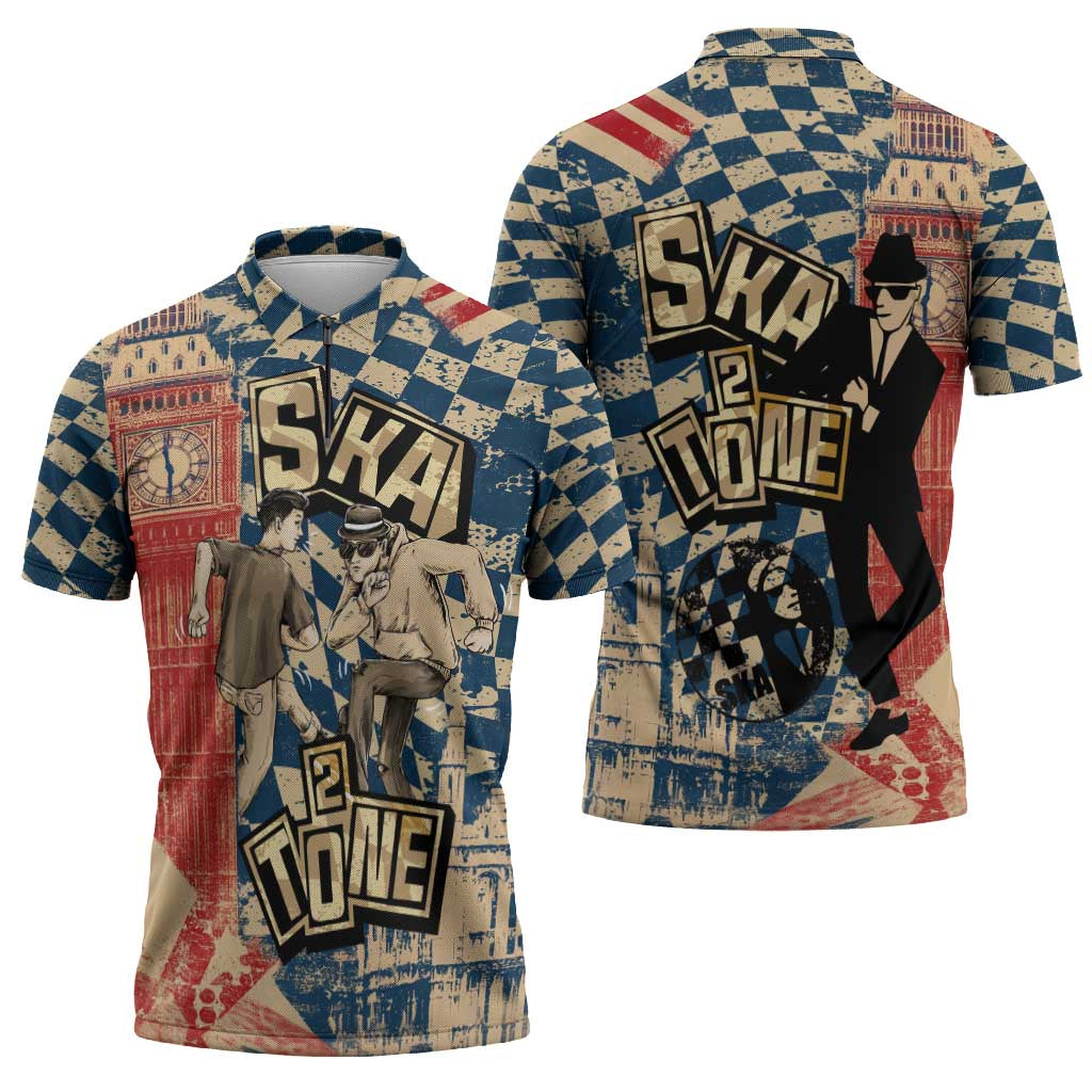 Ska 2 Tone Zipper Polo Shirt Big Ben Dance Two Tone Blue Checkerboard - Wonder Print Shop