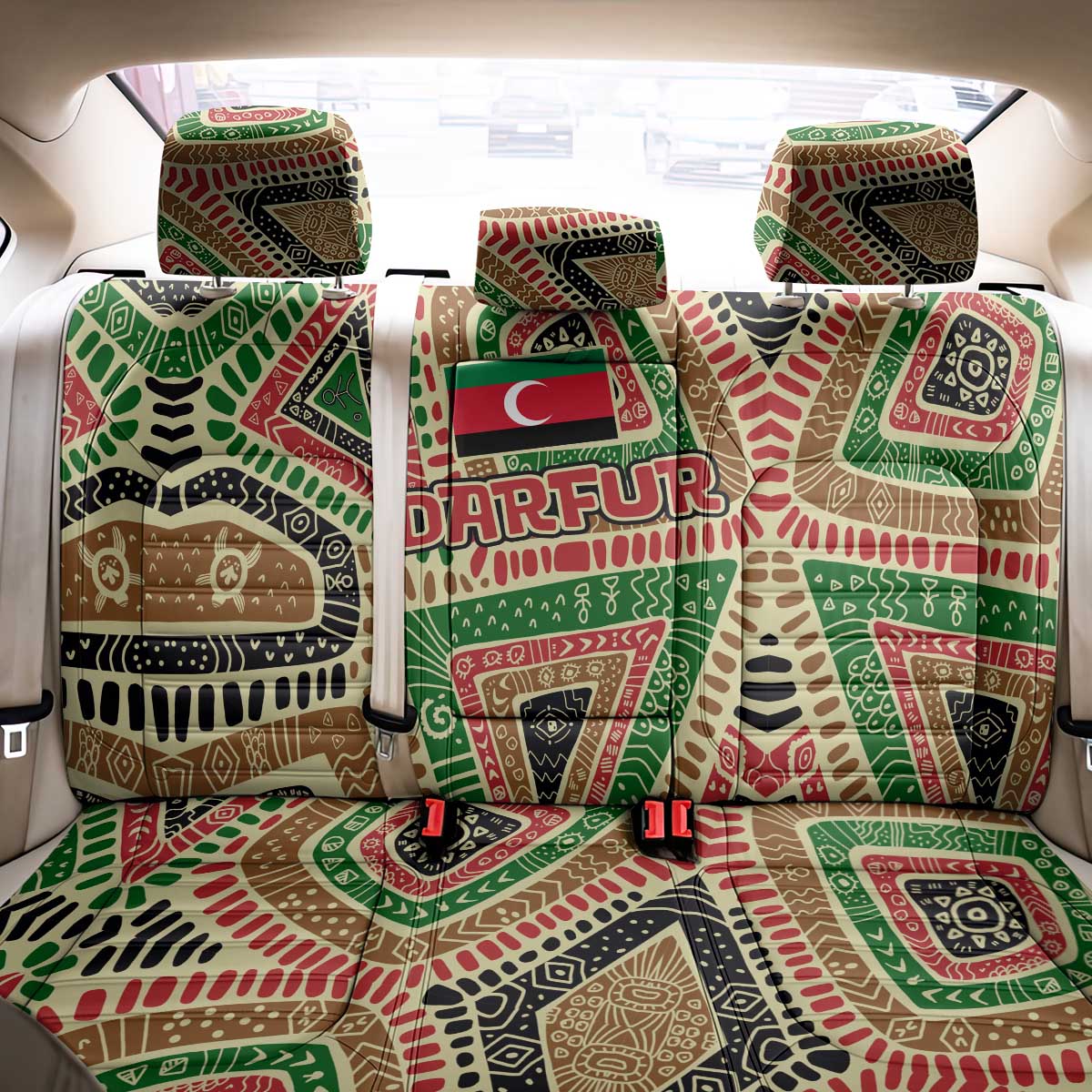Darfur Sudan Back Car Seat Cover with Red Green Beige Tribal Pattern - Wonder Print Shop