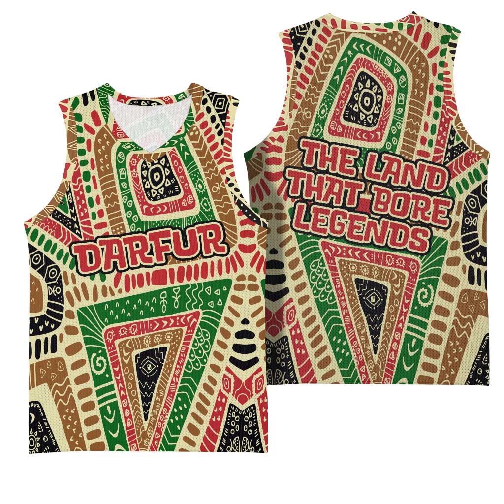 Darfur Sudan Basketball Jersey with Red Green Beige Tribal Pattern - Wonder Print Shop
