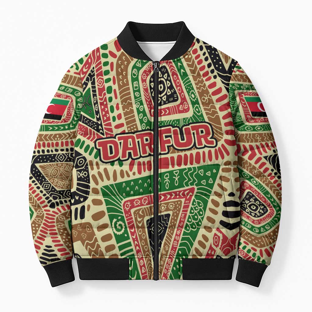 Darfur Sudan Bomber Puffer Jacket with Red Green Beige Tribal Pattern - Wonder Print Shop