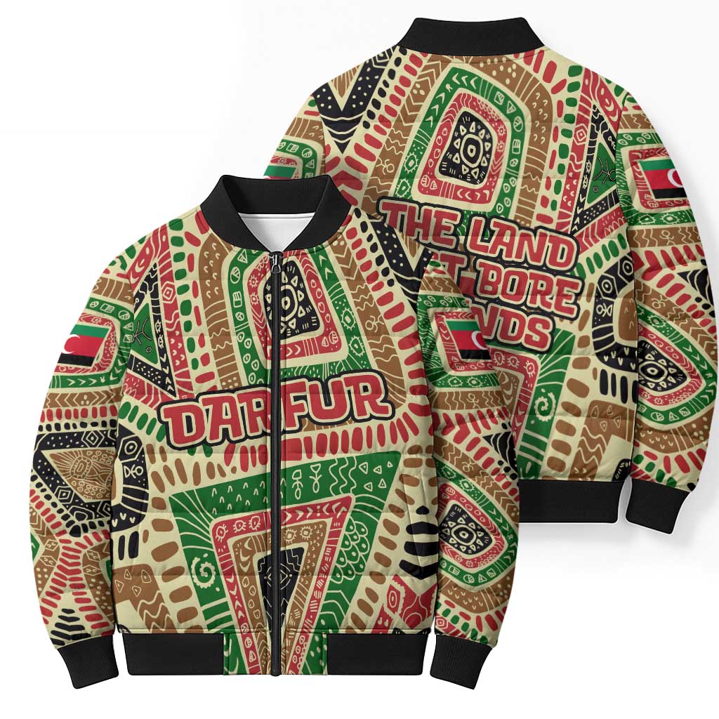 Darfur Sudan Bomber Puffer Jacket with Red Green Beige Tribal Pattern - Wonder Print Shop
