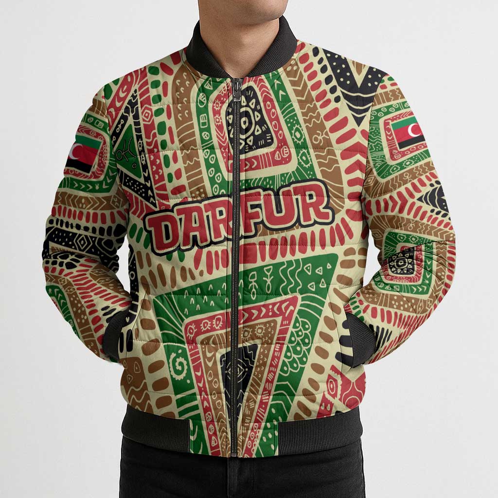 Darfur Sudan Bomber Puffer Jacket with Red Green Beige Tribal Pattern - Wonder Print Shop