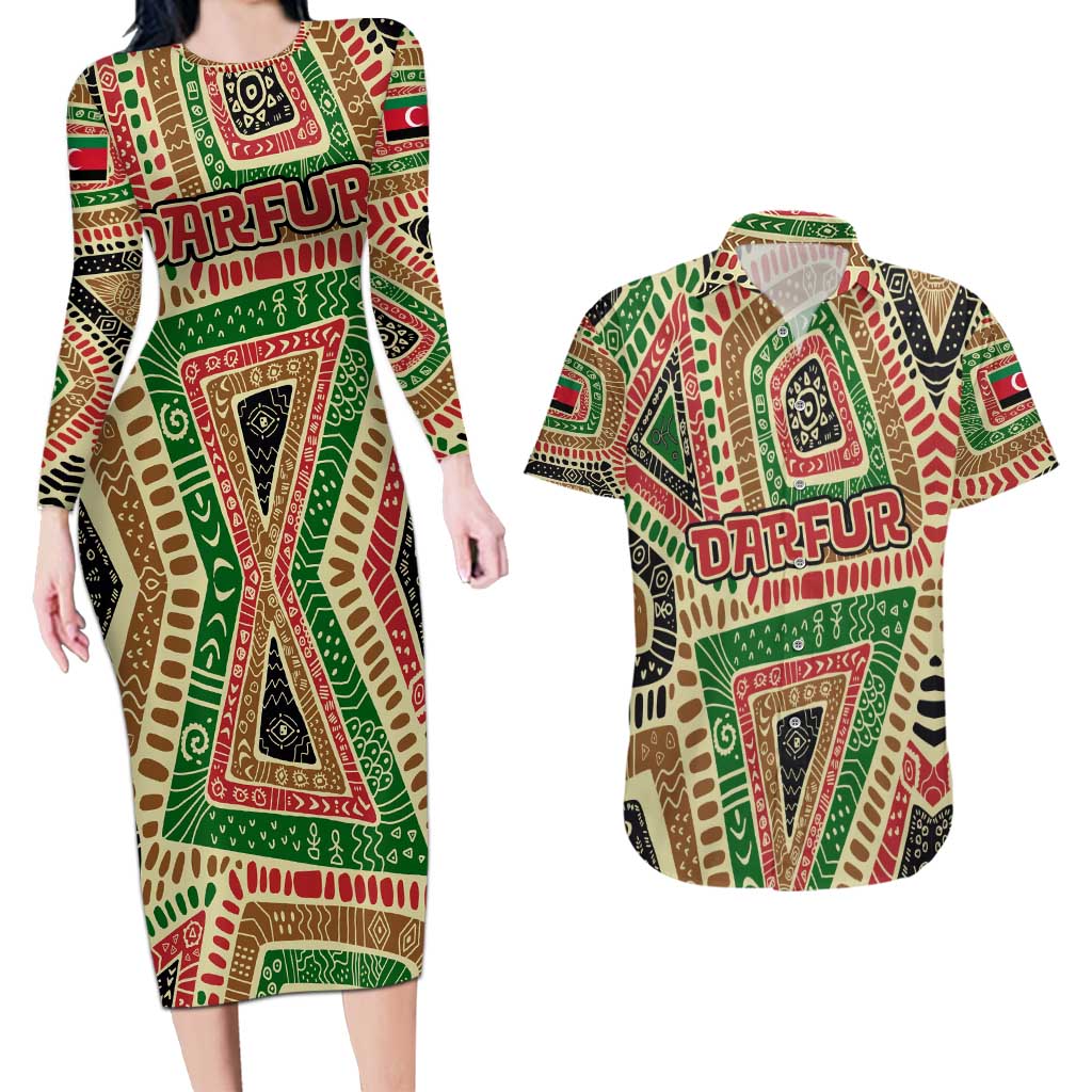 Darfur Sudan Couples Matching Long Sleeve Bodycon Dress and Hawaiian Shirt with Red Green Beige Tribal Pattern - Wonder Print Shop