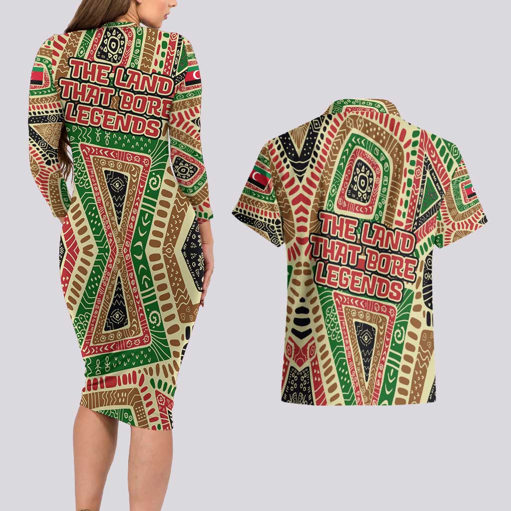 Darfur Sudan Couples Matching Long Sleeve Bodycon Dress and Hawaiian Shirt with Red Green Beige Tribal Pattern - Wonder Print Shop