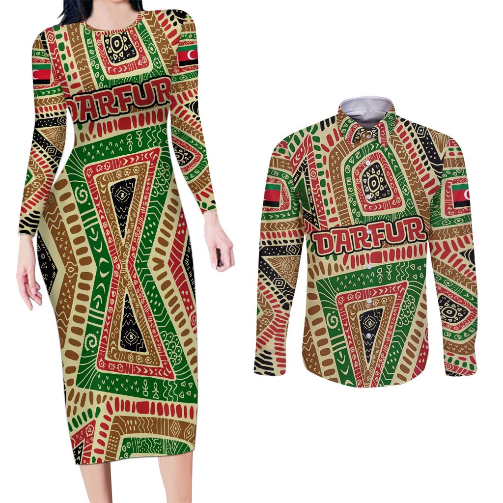 Darfur Sudan Couples Matching Long Sleeve Bodycon Dress and Long Sleeve Button Shirt with Red Green Beige Tribal Pattern - Wonder Print Shop