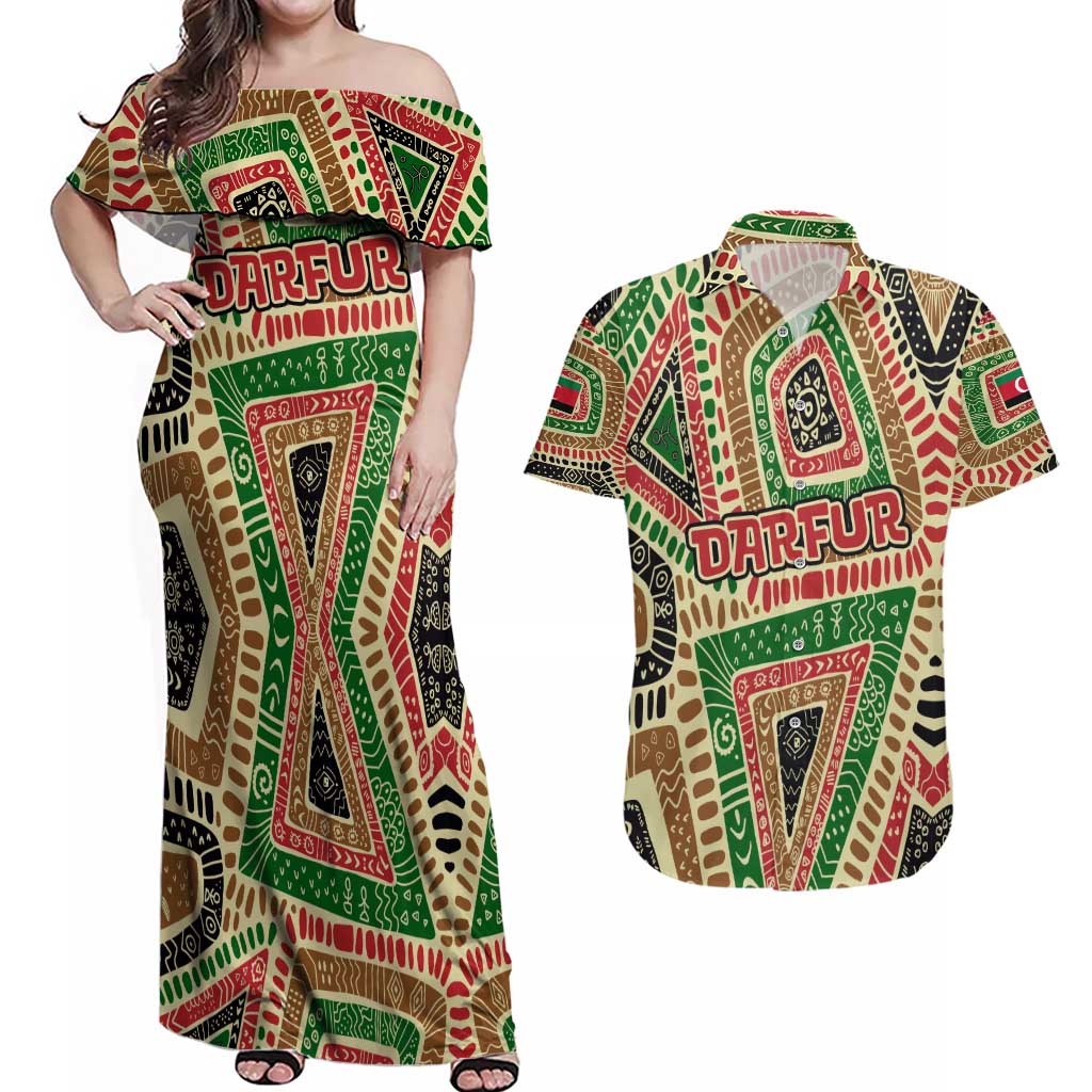 Darfur Sudan Couples Matching Off Shoulder Maxi Dress and Hawaiian Shirt with Red Green Beige Tribal Pattern - Wonder Print Shop