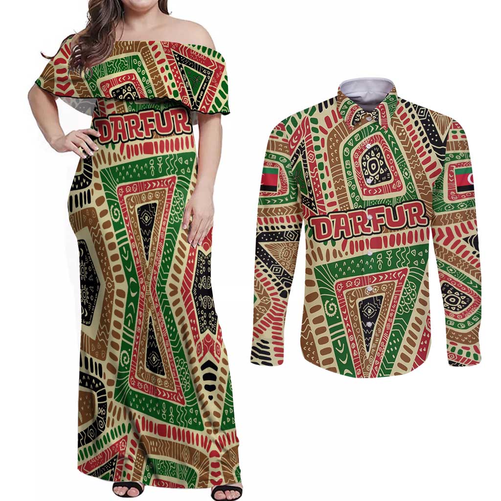 Darfur Sudan Couples Matching Off Shoulder Maxi Dress and Long Sleeve Button Shirt with Red Green Beige Tribal Pattern - Wonder Print Shop