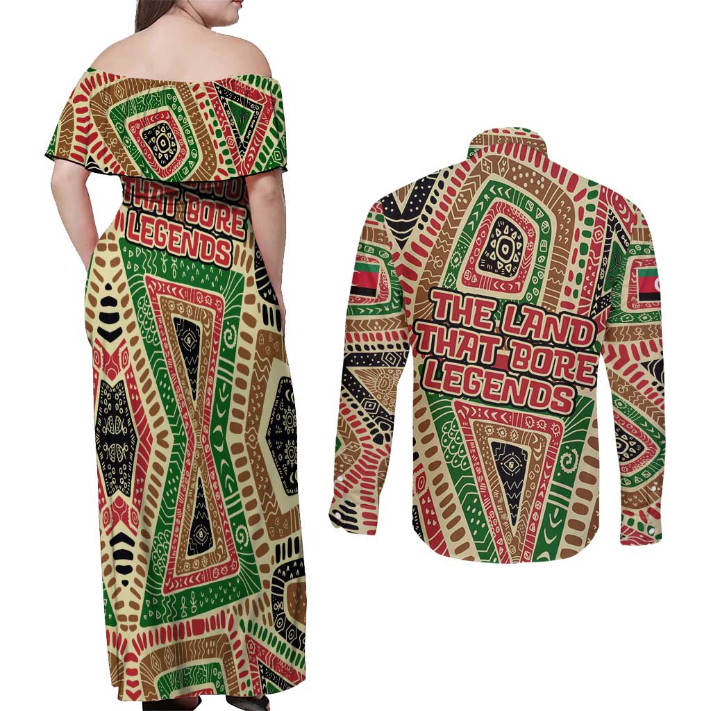 Darfur Sudan Couples Matching Off Shoulder Maxi Dress and Long Sleeve Button Shirt with Red Green Beige Tribal Pattern - Wonder Print Shop