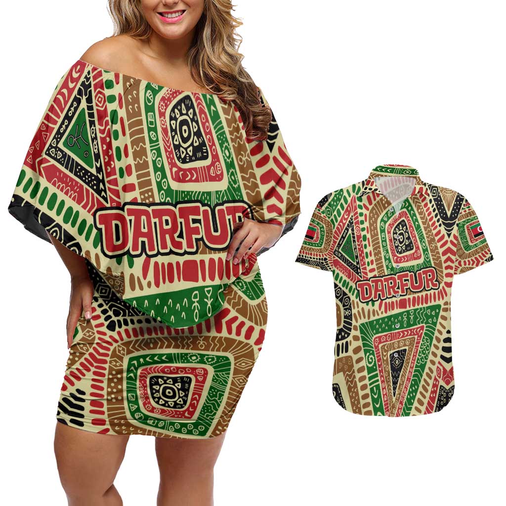 Darfur Sudan Couples Matching Off Shoulder Short Dress and Hawaiian Shirt with Red Green Beige Tribal Pattern - Wonder Print Shop