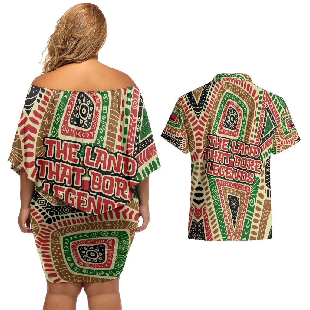 Darfur Sudan Couples Matching Off Shoulder Short Dress and Hawaiian Shirt with Red Green Beige Tribal Pattern - Wonder Print Shop