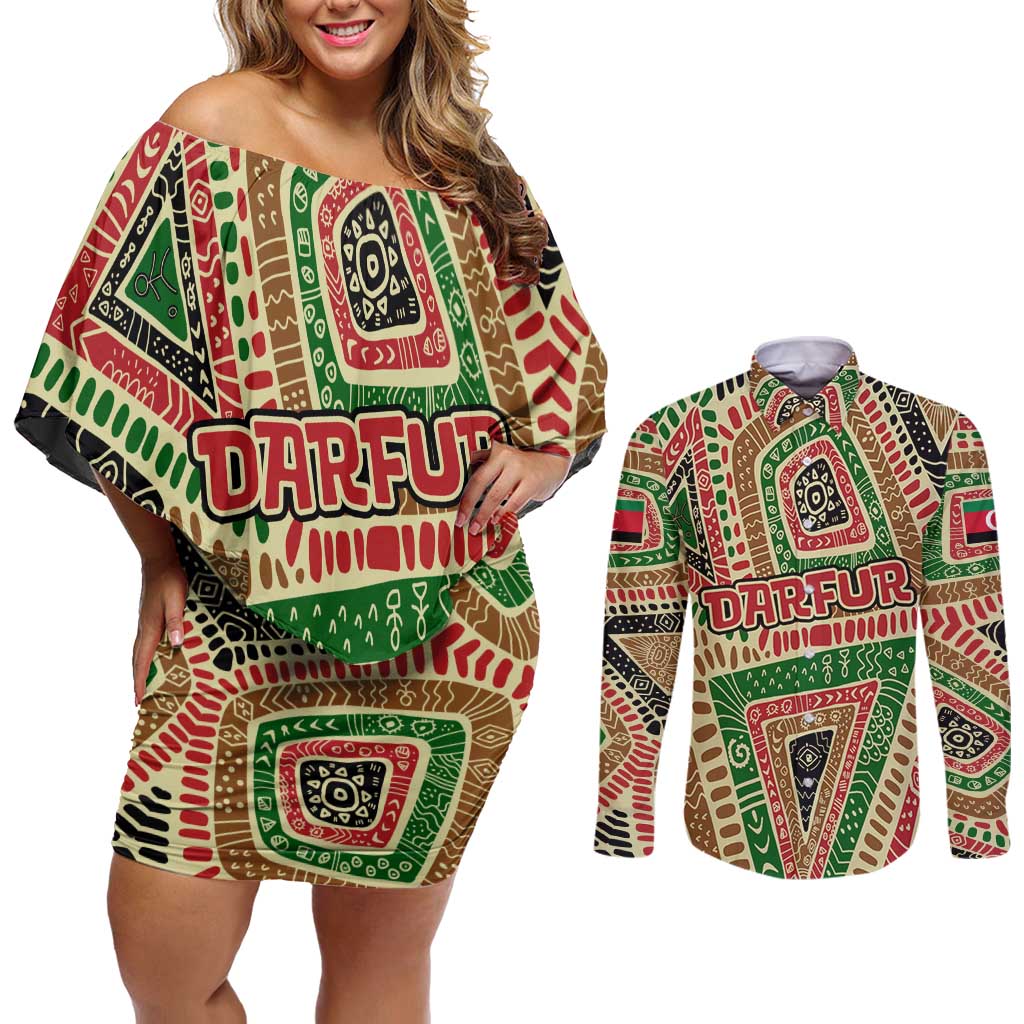 Darfur Sudan Couples Matching Off Shoulder Short Dress and Long Sleeve Button Shirt with Red Green Beige Tribal Pattern - Wonder Print Shop