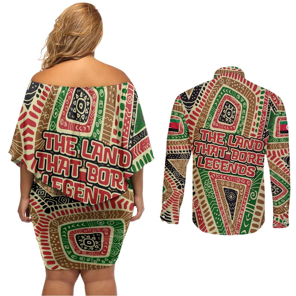 Darfur Sudan Couples Matching Off Shoulder Short Dress and Long Sleeve Button Shirt with Red Green Beige Tribal Pattern - Wonder Print Shop