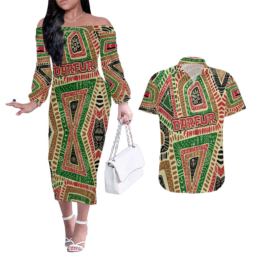 Darfur Sudan Couples Matching Off The Shoulder Long Sleeve Dress and Hawaiian Shirt with Red Green Beige Tribal Pattern - Wonder Print Shop