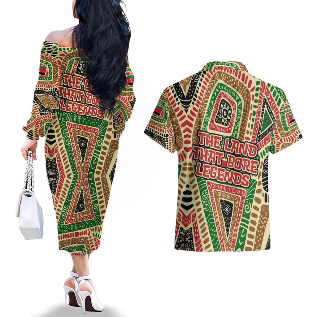 Darfur Sudan Couples Matching Off The Shoulder Long Sleeve Dress and Hawaiian Shirt with Red Green Beige Tribal Pattern - Wonder Print Shop