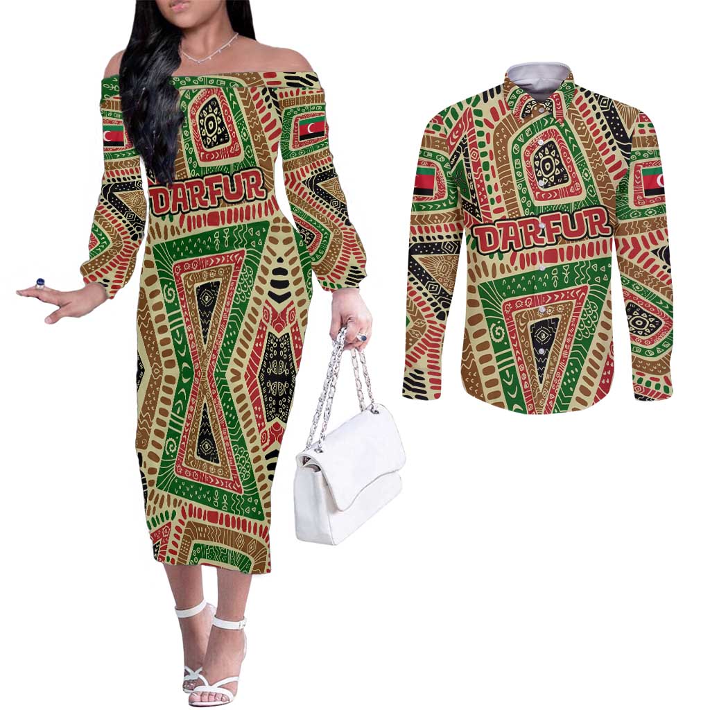 Darfur Sudan Couples Matching Off The Shoulder Long Sleeve Dress and Long Sleeve Button Shirt with Red Green Beige Tribal Pattern - Wonder Print Shop