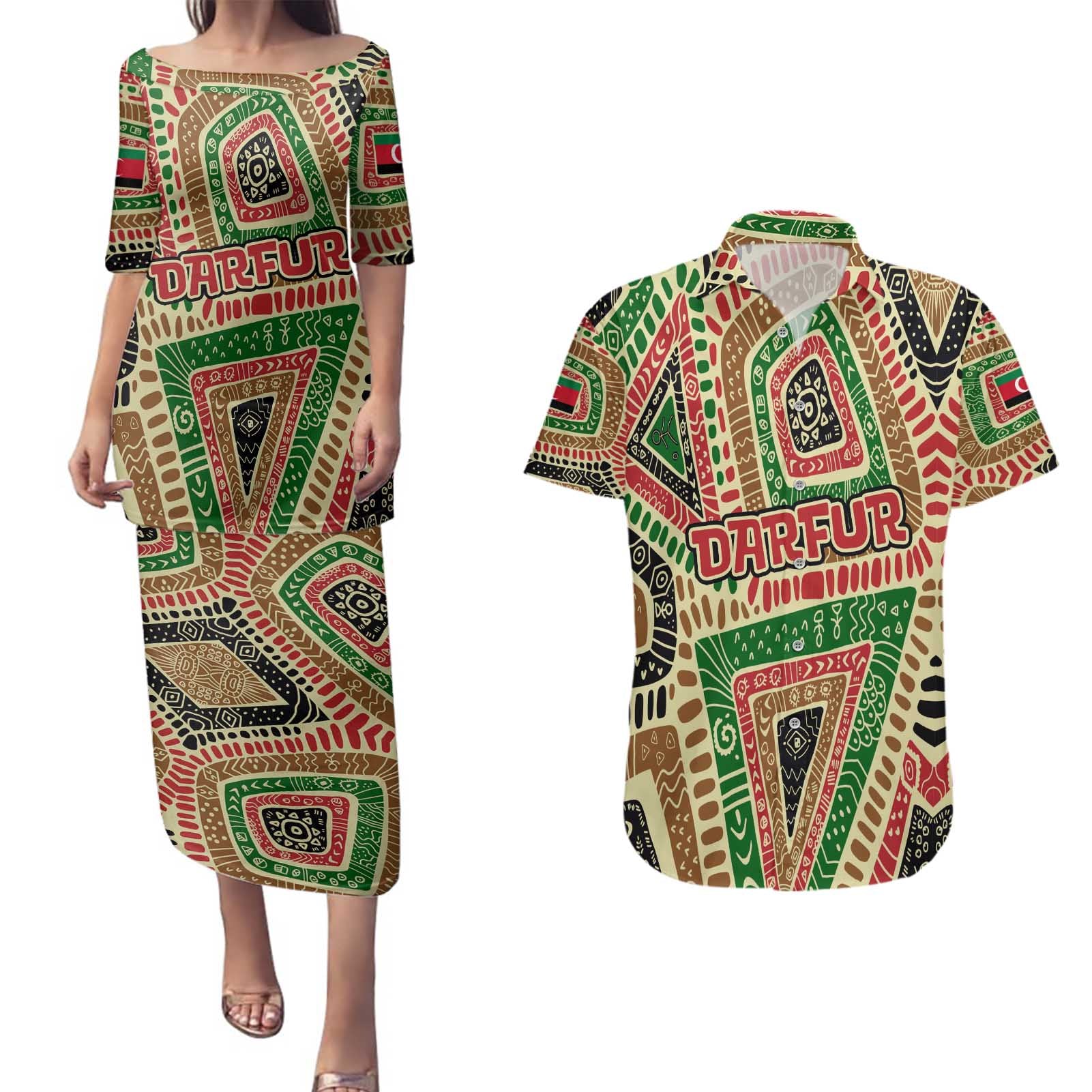 Darfur Sudan Couples Matching Puletasi and Hawaiian Shirt with Red Green Beige Tribal Pattern - Wonder Print Shop