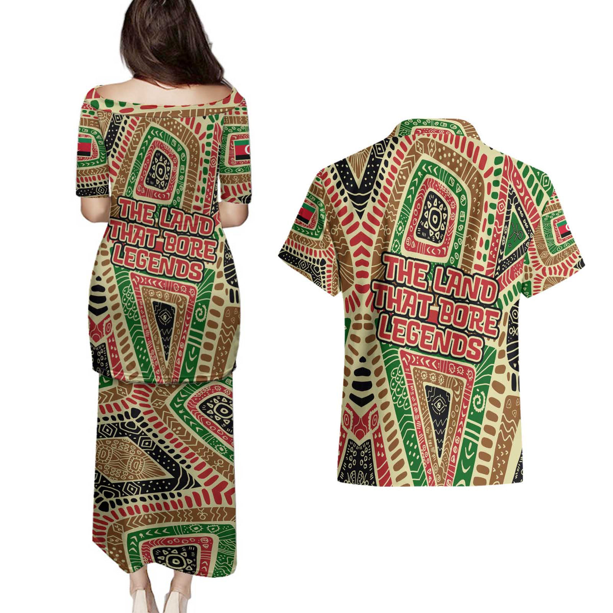 Darfur Sudan Couples Matching Puletasi and Hawaiian Shirt with Red Green Beige Tribal Pattern - Wonder Print Shop