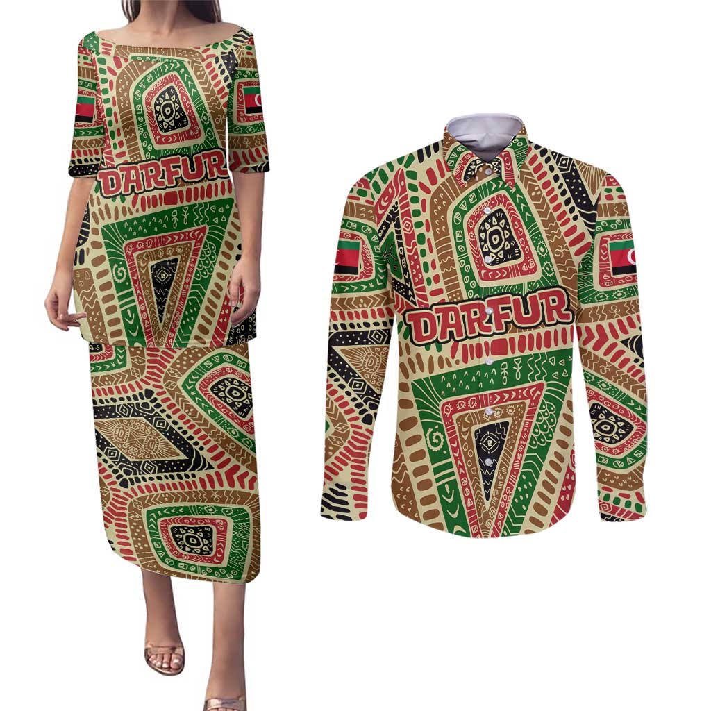 Darfur Sudan Couples Matching Puletasi and Long Sleeve Button Shirt with Red Green Beige Tribal Pattern - Wonder Print Shop
