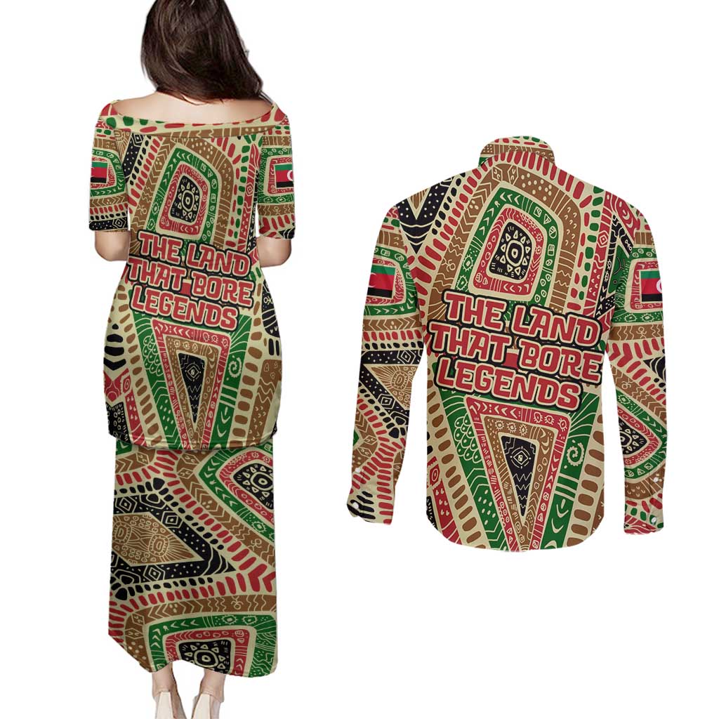 Darfur Sudan Couples Matching Puletasi and Long Sleeve Button Shirt with Red Green Beige Tribal Pattern - Wonder Print Shop