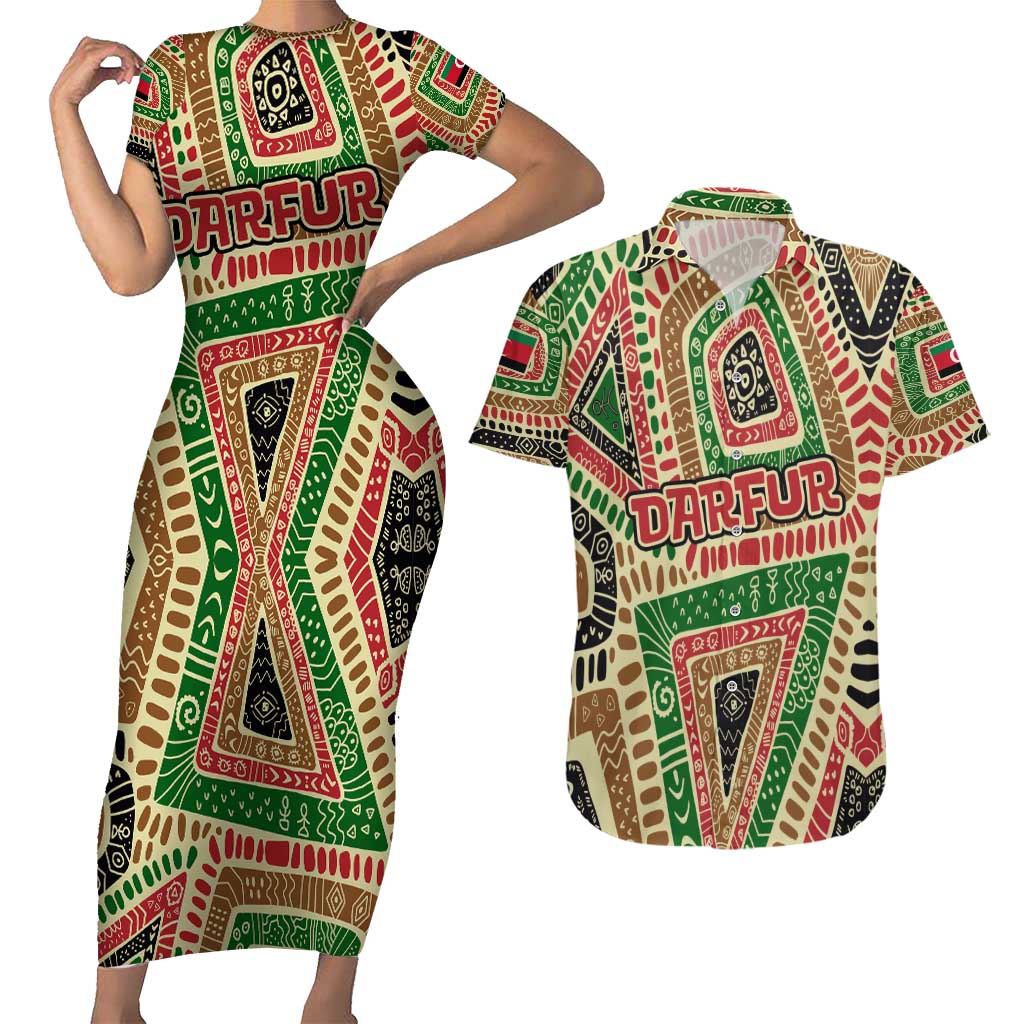 Darfur Sudan Couples Matching Short Sleeve Bodycon Dress and Hawaiian Shirt with Red Green Beige Tribal Pattern - Wonder Print Shop