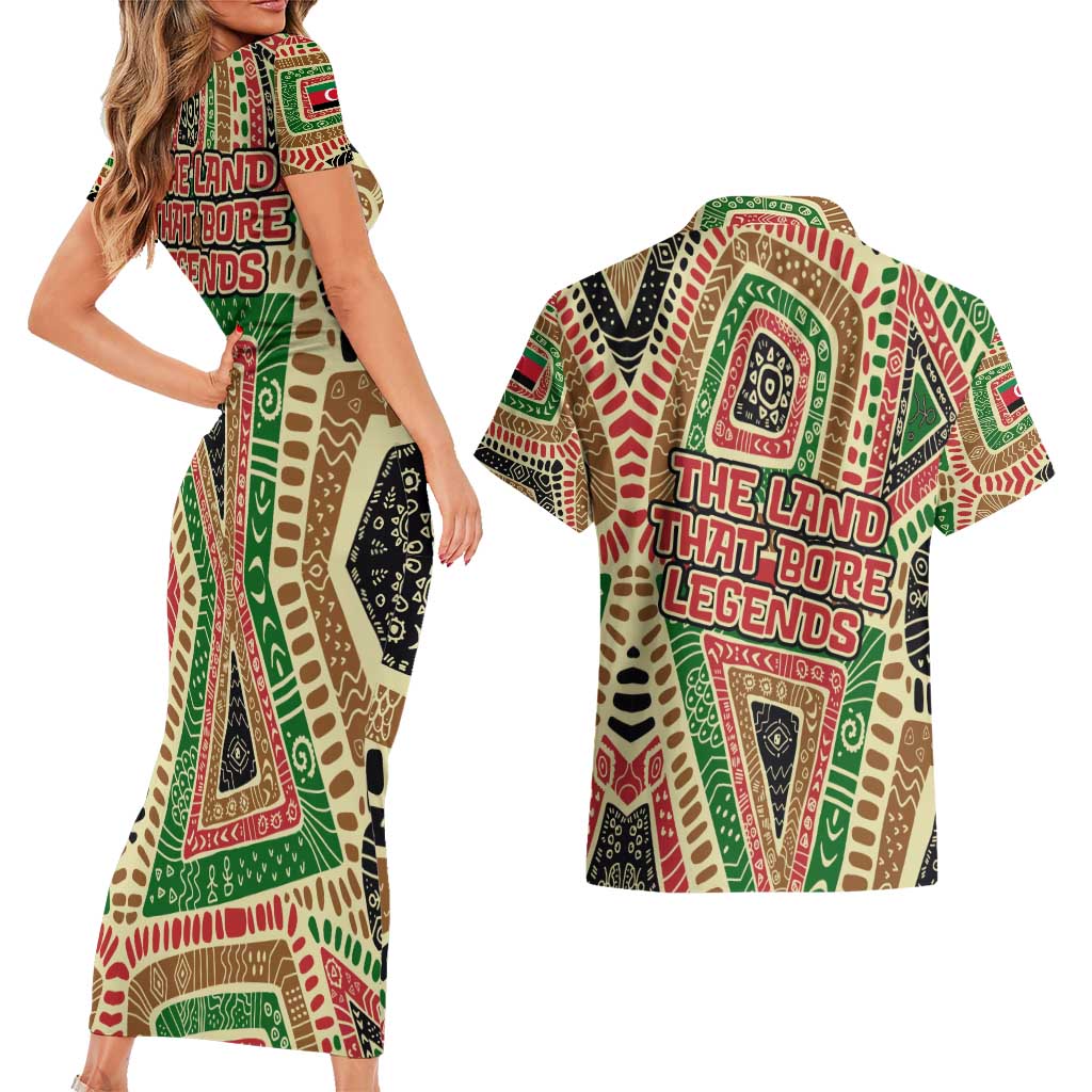 Darfur Sudan Couples Matching Short Sleeve Bodycon Dress and Hawaiian Shirt with Red Green Beige Tribal Pattern - Wonder Print Shop