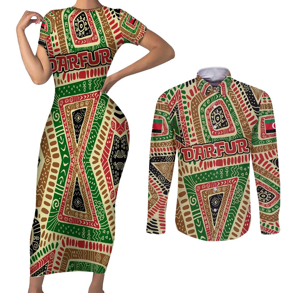 Darfur Sudan Couples Matching Short Sleeve Bodycon Dress and Long Sleeve Button Shirt with Red Green Beige Tribal Pattern - Wonder Print Shop