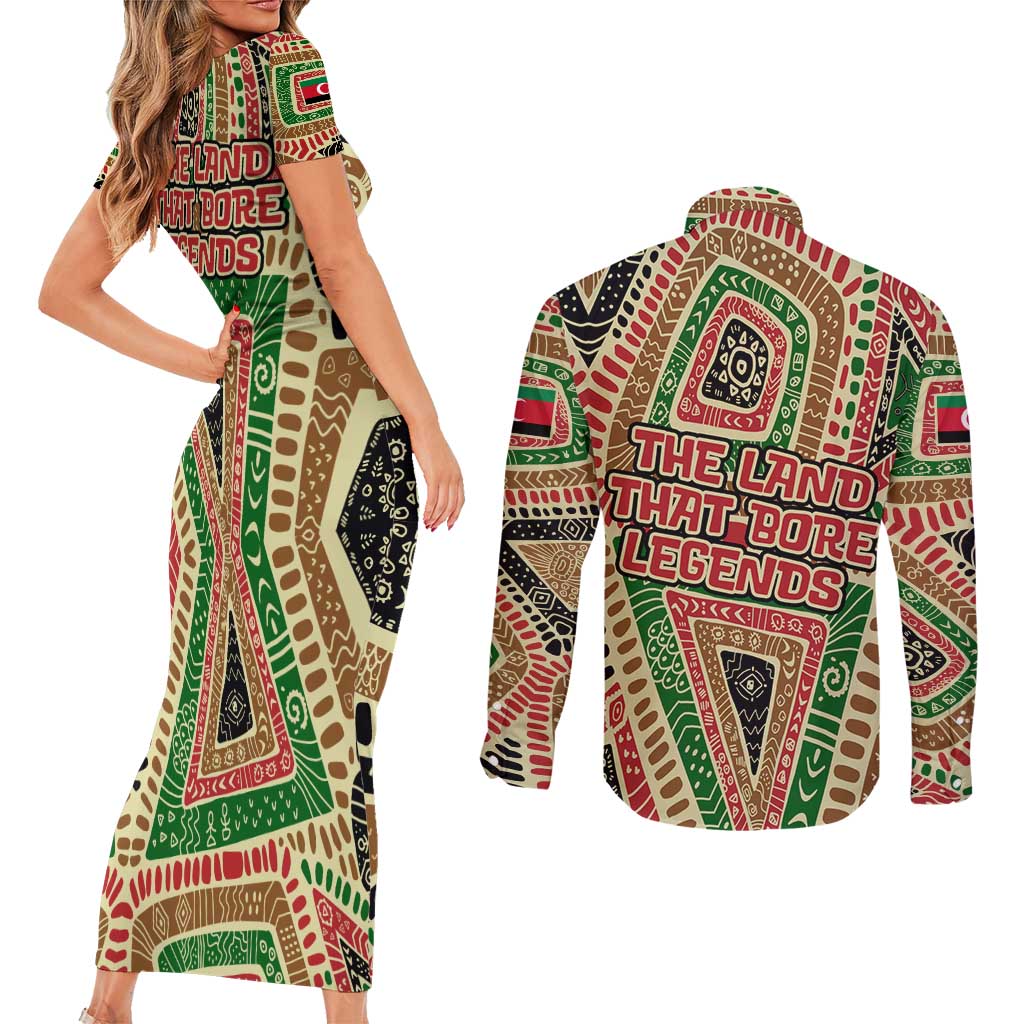 Darfur Sudan Couples Matching Short Sleeve Bodycon Dress and Long Sleeve Button Shirt with Red Green Beige Tribal Pattern - Wonder Print Shop