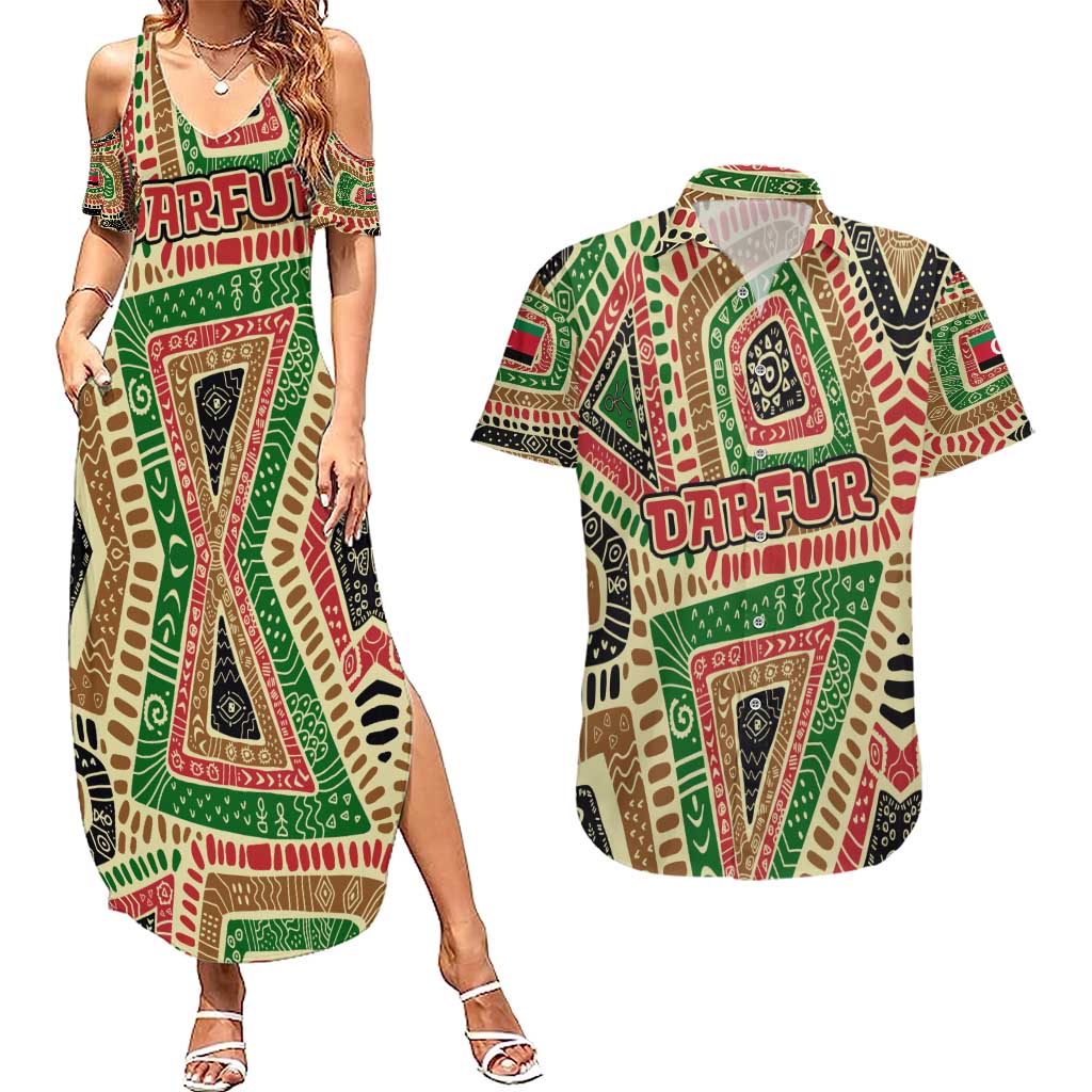 Darfur Sudan Couples Matching Summer Maxi Dress and Hawaiian Shirt with Red Green Beige Tribal Pattern - Wonder Print Shop