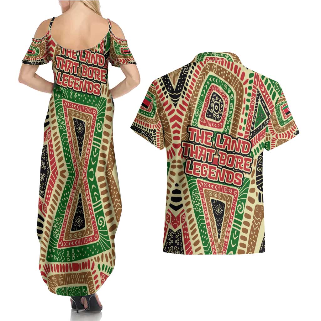 Darfur Sudan Couples Matching Summer Maxi Dress and Hawaiian Shirt with Red Green Beige Tribal Pattern - Wonder Print Shop