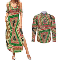 Darfur Sudan Couples Matching Summer Maxi Dress and Long Sleeve Button Shirt with Red Green Beige Tribal Pattern - Wonder Print Shop