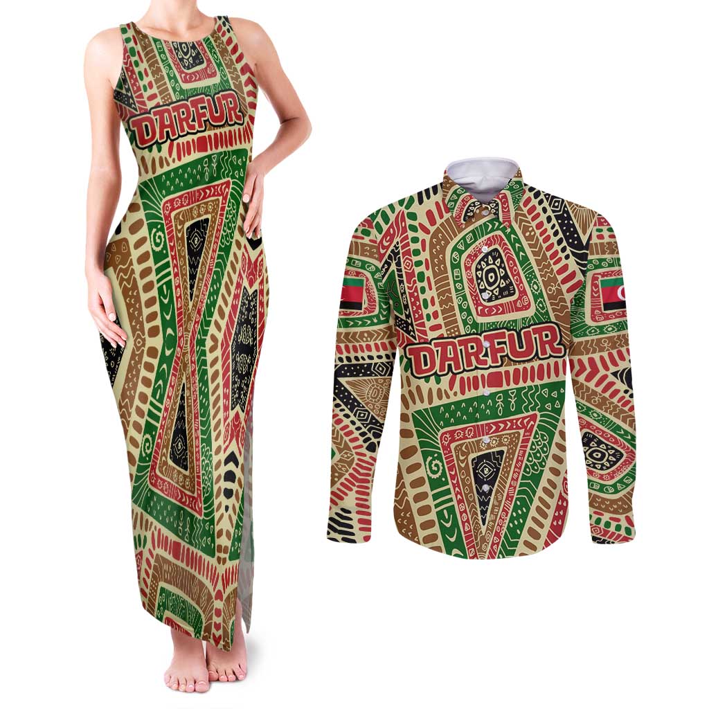 Darfur Sudan Couples Matching Tank Maxi Dress and Long Sleeve Button Shirt with Red Green Beige Tribal Pattern - Wonder Print Shop
