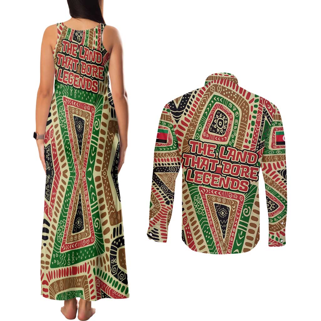 Darfur Sudan Couples Matching Tank Maxi Dress and Long Sleeve Button Shirt with Red Green Beige Tribal Pattern - Wonder Print Shop