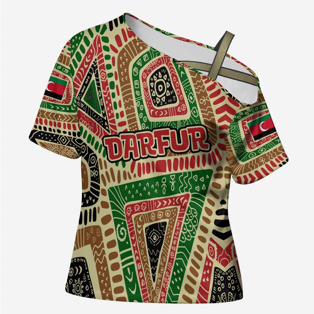 Darfur Sudan Cross Shoulder Shirt with Red Green Beige Tribal Pattern - Wonder Print Shop