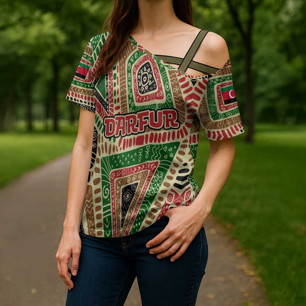 Darfur Sudan Cross Shoulder Shirt with Red Green Beige Tribal Pattern - Wonder Print Shop