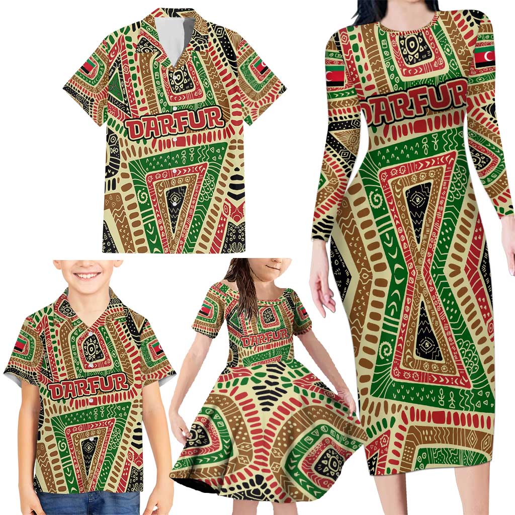 Darfur Sudan Family Matching Long Sleeve Bodycon Dress and Hawaiian Shirt with Red Green Beige Tribal Pattern - Wonder Print Shop